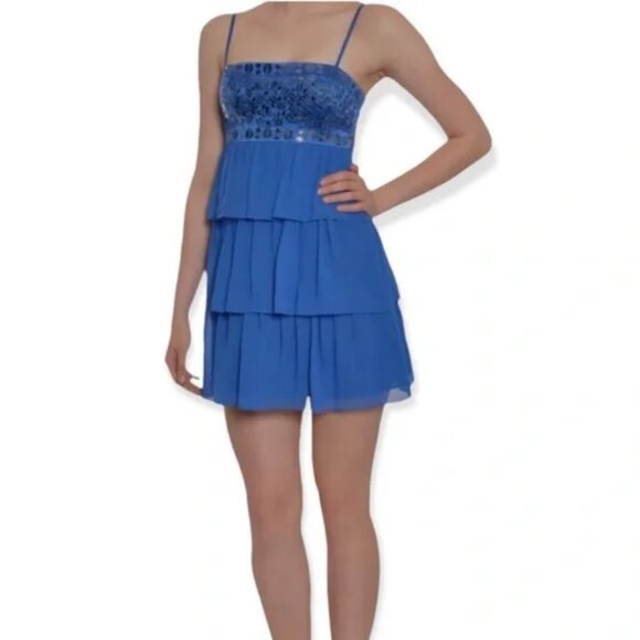 BCBG MaxAzria Dress 2 Coquette Fairycore Blue Tiered Ruffle Spaghetti Strap Mini - Picture 1 of 10